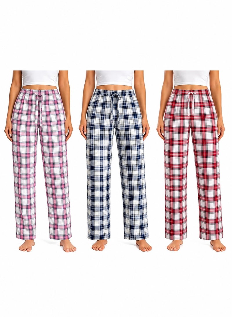 Fabienne 3-Piece Womens Pajama Pants Set 100% Turkish Cotton Sleepwear Soft Lightweight Breathable Lounge Pants Printed Relaxed Fit Ladies Pyjama Bottoms Homewear - Image 1