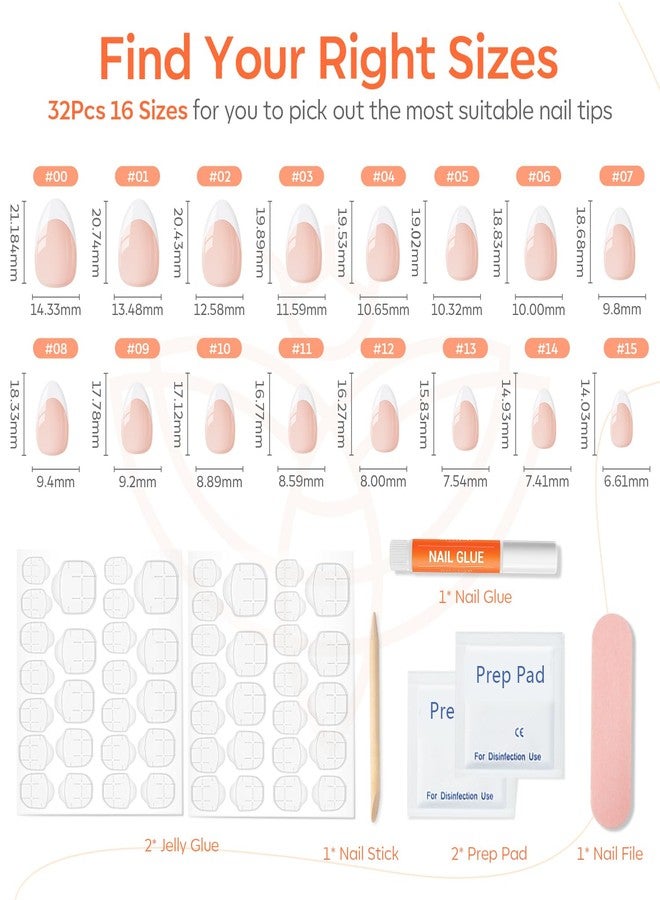 Modelones Almond Short False Nails 32 Pieces 16 Sizes, Glossy French Finish, Full Coverage, Application Kit with Accessories - Image 4