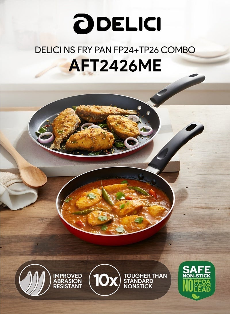 ديليتشي طقم مقلاة ألومنيوم غير لاصقة مقاس 24 سم وصاج مقاس 26 سم | هيكل عالي الجودة | سطح غير لاصق فائق المتانة (10 أضعاف) | خالي من حمض البيرفلورو الأوكتانويك (PFOA) | سطح داخلي صحي غير لاصق | مقبض من الباكليت المقاوم للحرارة | طلاء مقاوم للحرارة | متوافق مع جميع أنواع المواقد | مقاوم للأحماض والقلويات | مقاوم للتآكل والبقع | قابل للغسل في غسالة الصحون - AFT2426ME - Image 2