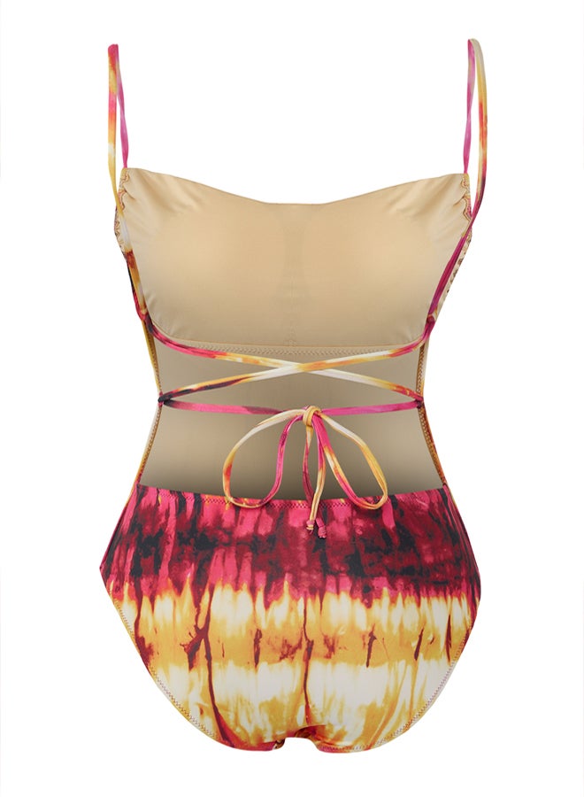 Abstract Patterned Square Neck Backless Regular Swimsuit