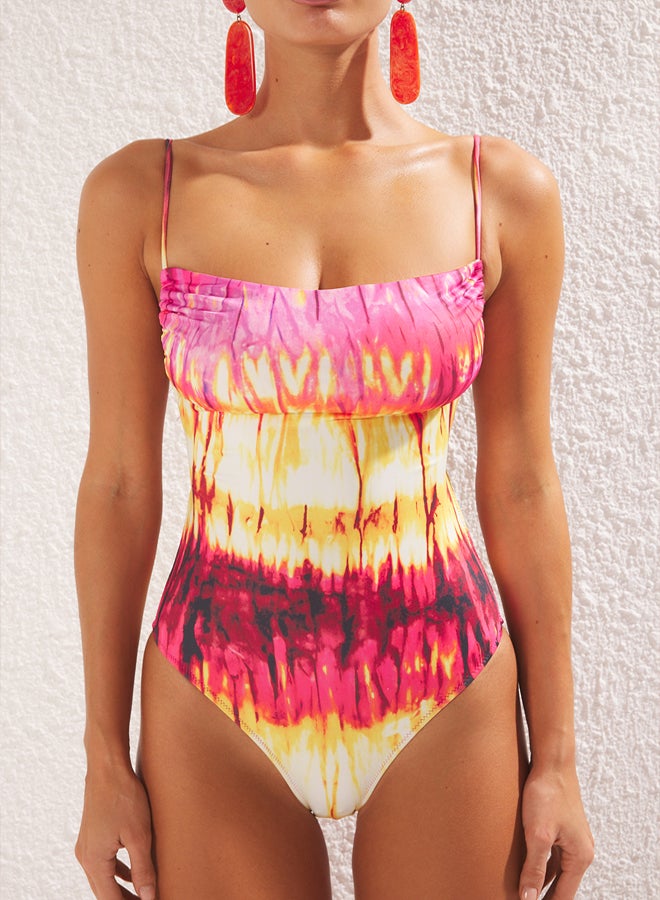 Abstract Patterned Square Neck Backless Regular Swimsuit