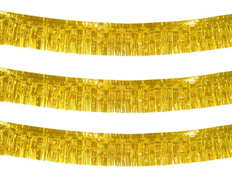 Blukey 10 Feet Long Roll Foil Fringe Garland  Pack of 3  Shiny Metallic Tassle Banner  Ideal for Parade Floats Bridal Shower Wedding Birthday  Wall Hanging Fringe Garland Banner Gold