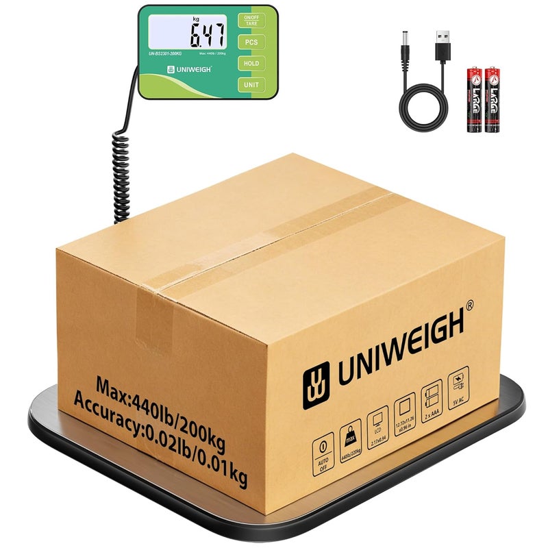 UNIWEIGH Shipping Scale, 440lb/0.02lb Large High Accuracy Digital Scale with Hold, Backlit LCD with Hold/Tare,Scale for Packages, Luggage, Home Use, USB Power & Battery - Image 1