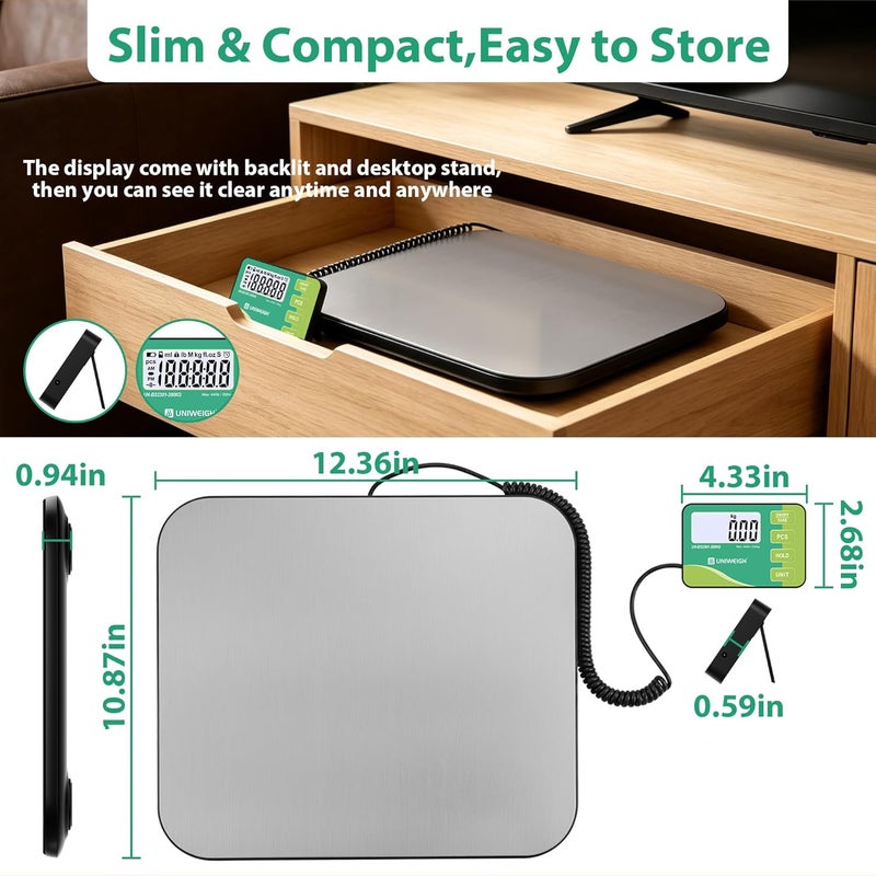 UNIWEIGH Shipping Scale, 440lb/0.02lb Large High Accuracy Digital Scale with Hold, Backlit LCD with Hold/Tare,Scale for Packages, Luggage, Home Use, USB Power & Battery - Image 4