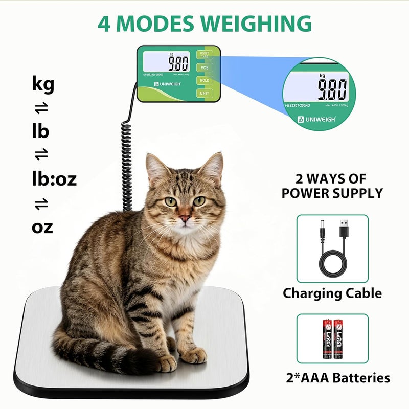 UNIWEIGH Shipping Scale, 440lb/0.02lb Large High Accuracy Digital Scale with Hold, Backlit LCD with Hold/Tare,Scale for Packages, Luggage, Home Use, USB Power & Battery - Image 5
