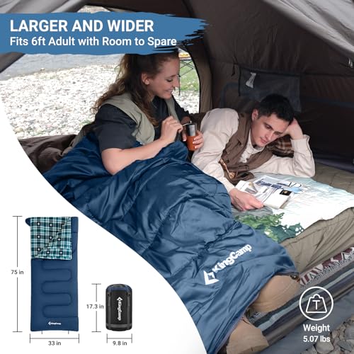KingCamp Cotton Flannel Sleeping Bag, Envelope Sleeping Bags for Adults Cold Weather, 75x33 Extra Large, Water Resistant Sleeping Bags for Camping Backpacking and Hiking All Seasons, Navy Right 5lbs - Image 2