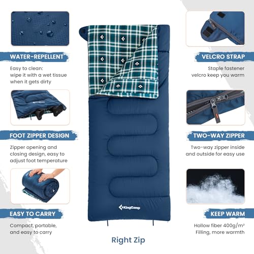 KingCamp Cotton Flannel Sleeping Bag, Envelope Sleeping Bags for Adults Cold Weather, 75x33 Extra Large, Water Resistant Sleeping Bags for Camping Backpacking and Hiking All Seasons, Navy Right 5lbs - Image 3