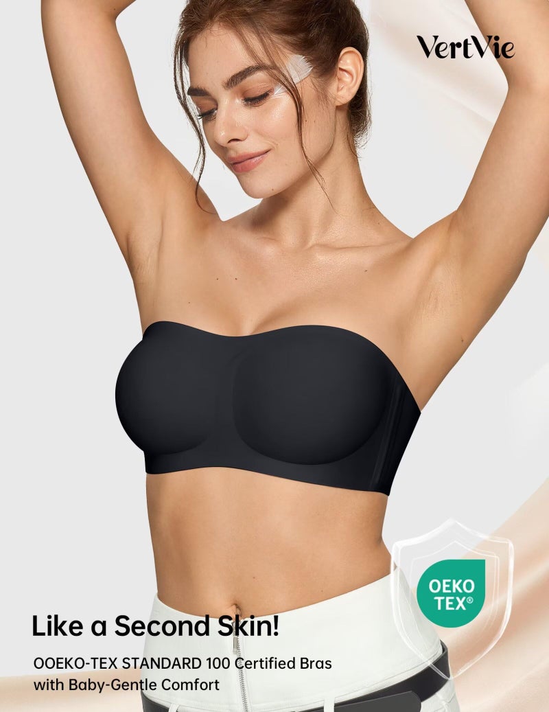 Vertvie Women's Wireless Strapless Bra Seamless Padded Bandeau Bra Non-Slip Silicone Tube Top Push Up Convertible Bralette (Black,Large) - Image 5