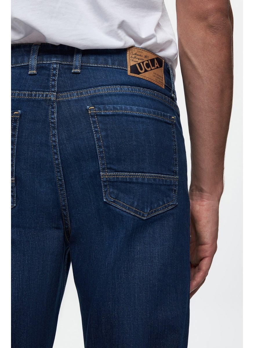 UCLA Fausto Blue Denim Embroidered Standard Fit Men's Trousers  - Image 3