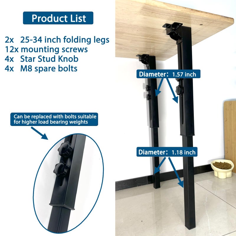 Benbuoo Adjustable Folding Table Legs 25-34", Heavy Duty Metal, Set of 2 | Height Adjustable, Foldable, Sturdy | for DIY Desks, Computer Tables, Office Workstations, RV Camping, Outdoor Furniture - Image 2