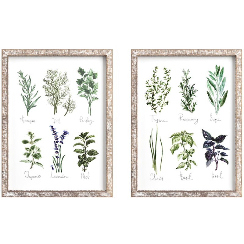 Barnyard Designs Kitchen Herbs and Spices Wall Art Decor Botanical Print Sign Rustic Country Farmhouse Wood Plaque Framed Home Wall Decor 12 x 16 Herbs A  B 2 Signs