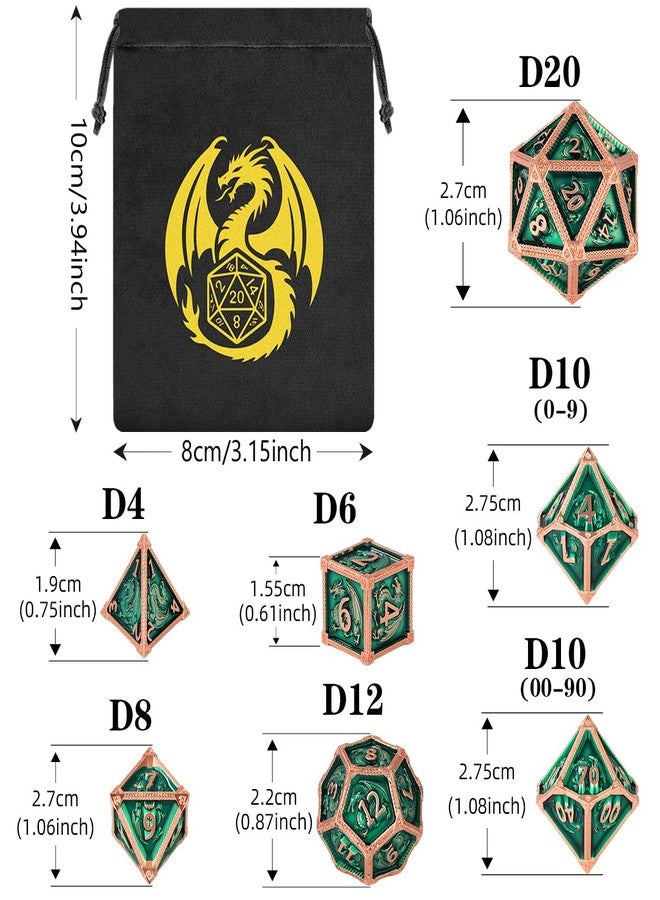 DND DADO DND Metal Dragon Dice Set, 7-Piece Polyhedral Metal Dice, RPG, MTG, Role Playing Board Game Accessories, D&D Gifts with Gift Bag, D20, D12, 2 D10 (00-90 and 0-9), D8, D6 and D4, Green - Image 3