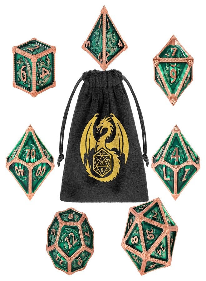 DND DADO DND Metal Dragon Dice Set, 7-Piece Polyhedral Metal Dice, RPG, MTG, Role Playing Board Game Accessories, D&D Gifts with Gift Bag, D20, D12, 2 D10 (00-90 and 0-9), D8, D6 and D4, Green - Image 1