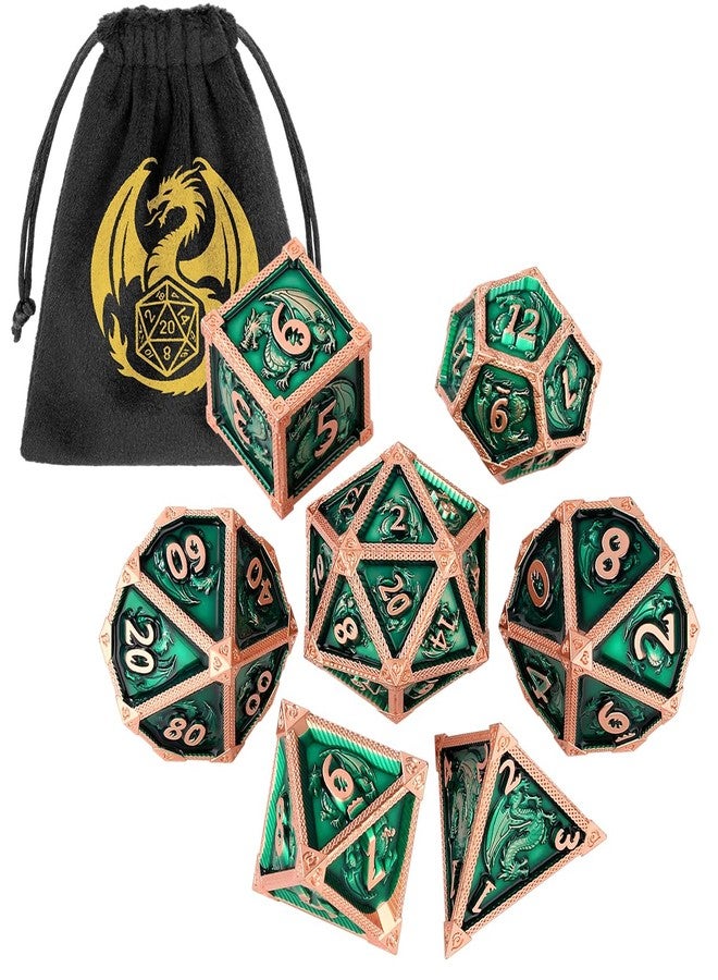 DND DADO DND Metal Dragon Dice Set, 7-Piece Polyhedral Metal Dice, RPG, MTG, Role Playing Board Game Accessories, D&D Gifts with Gift Bag, D20, D12, 2 D10 (00-90 and 0-9), D8, D6 and D4, Green - Image 2