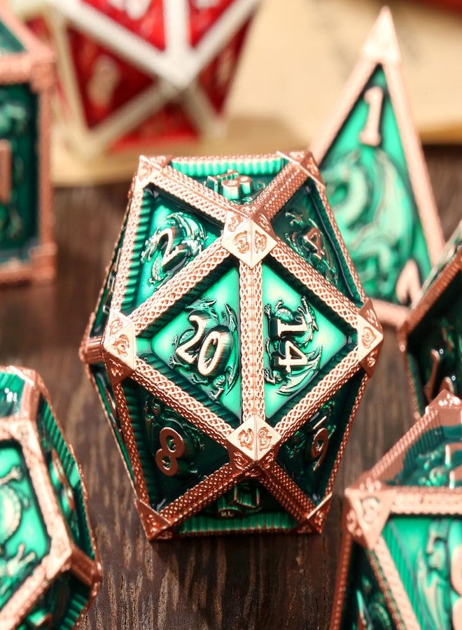 DND DADO DND Metal Dragon Dice Set, 7-Piece Polyhedral Metal Dice, RPG, MTG, Role Playing Board Game Accessories, D&D Gifts with Gift Bag, D20, D12, 2 D10 (00-90 and 0-9), D8, D6 and D4, Green - Image 4