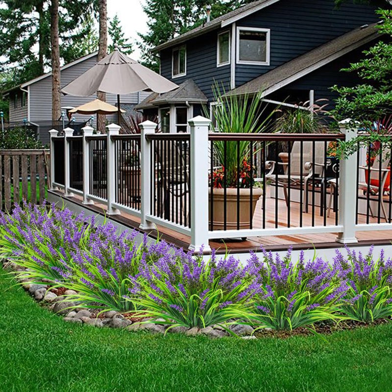 obbsie 12 Bundles Artificial Plants Outdoor, 18.2" UV Resistant Faux Monkey Grass Greenery Stems No Fade Faux Plastic Flowers Shrubs for Home Weddings Garden Porch Front Patio Office Decor - Purple - Image 4