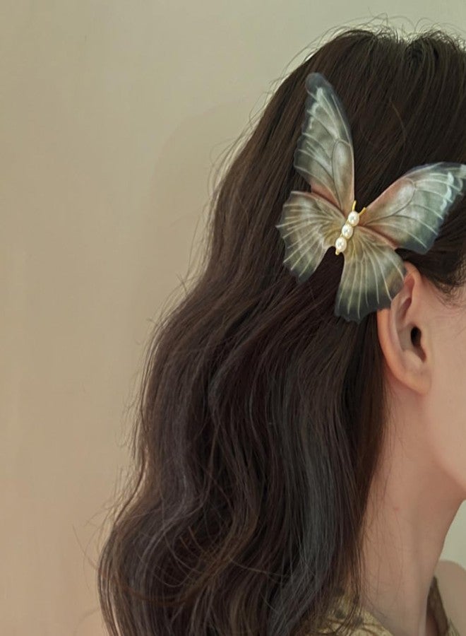 Jumwrit 2pcs Boho Big Pearl Green Butterfly Hair Barrette 3D Moving Wings Hair Clips Strong Hold Fairy Hairpin Accessories for Women Girls - Image 2