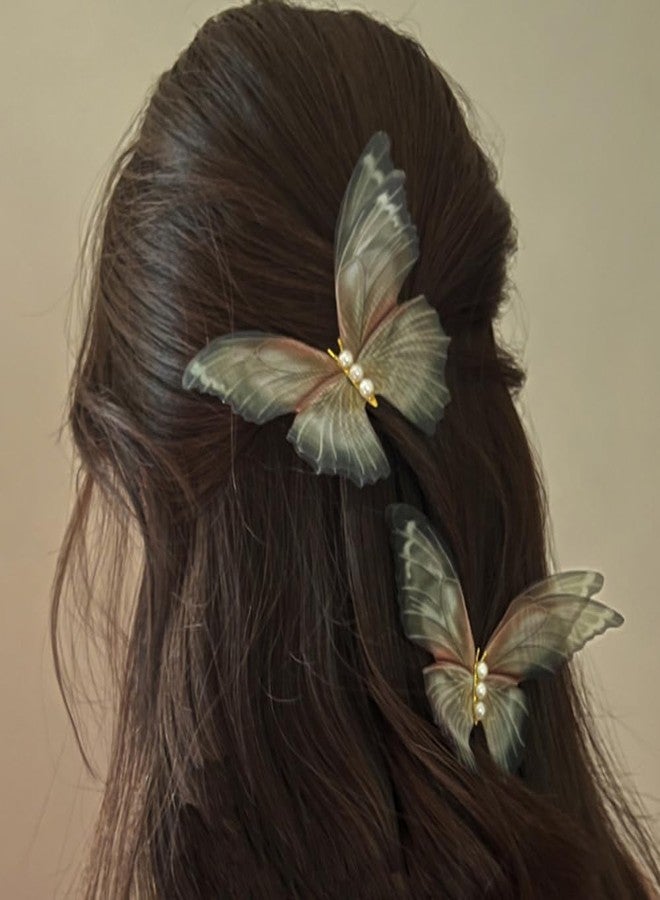 Jumwrit 2pcs Boho Big Pearl Green Butterfly Hair Barrette 3D Moving Wings Hair Clips Strong Hold Fairy Hairpin Accessories for Women Girls - Image 1