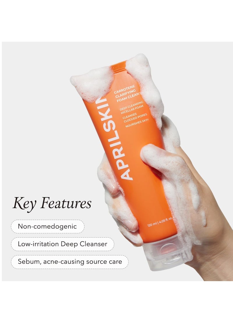 APRILSKIN - Aprilskin Carrotene Clarifying Foam Cleanser - Deep Cleansing with BHAs & Sebum Control for Oily, Sensitive, Acne-Prone Skin - 120ml - Vegan, Cruelty Free - Image 1