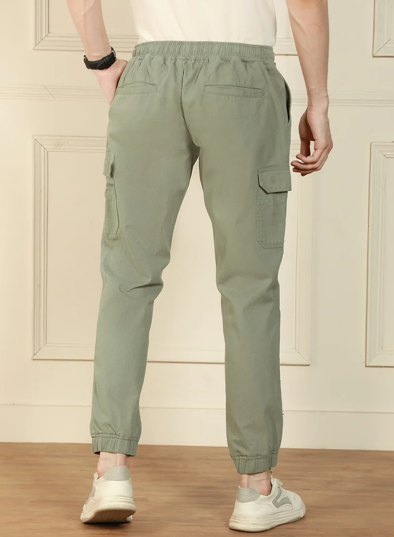 Dennis Lingo Relaxed Fit Sage Green Men's Cotton Lycra Solid Cargo Trouser, Mid Rise, Full Length, Casual