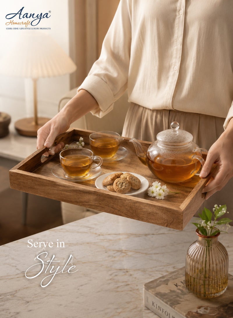 Aanya Homecraft Premium Rectangular Wood Serving Tray with Cut-Out Handles, size 35x25cm – Handcrafted Compact Tea, Snack & Coffee Table Tray for Everyday Hosting, Natural Brown - Image 5