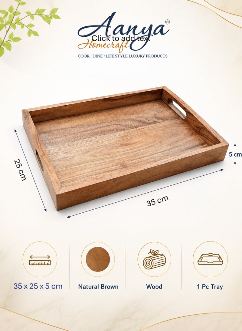Aanya Homecraft Premium Rectangular Wood Serving Tray with Cut-Out Handles, size 35x25cm – Handcrafted Compact Tea, Snack & Coffee Table Tray for Everyday Hosting, Natural Brown - Image 2