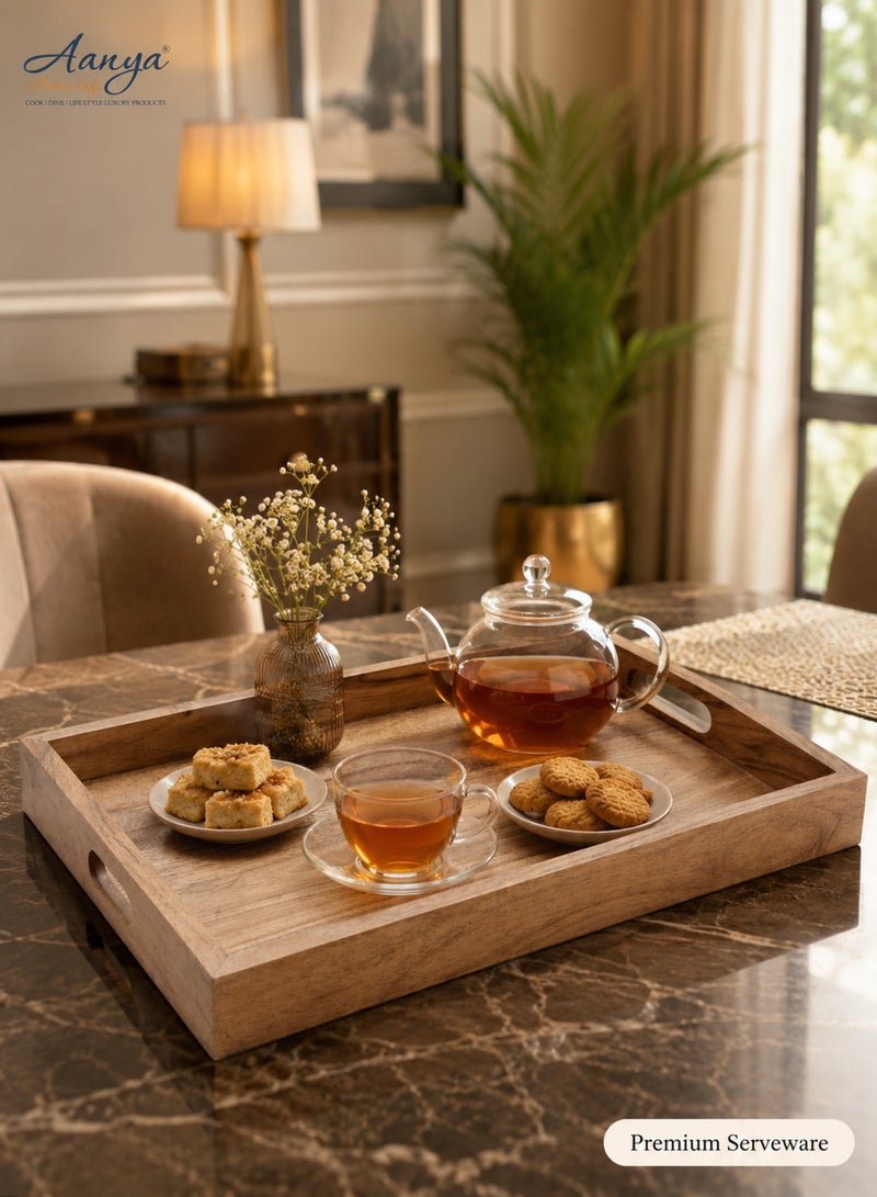 Aanya Homecraft Premium Rectangular Wood Serving Tray with Cut-Out Handles, size 35x25cm – Handcrafted Compact Tea, Snack & Coffee Table Tray for Everyday Hosting, Natural Brown - Image 4