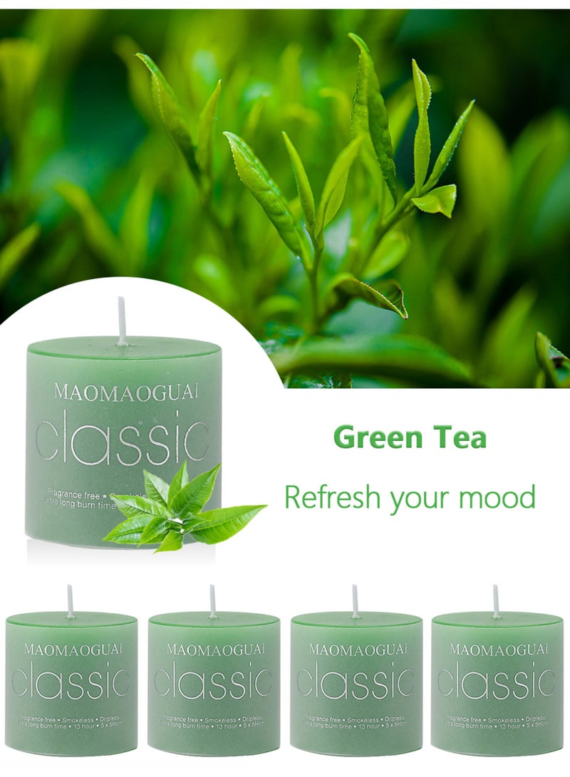 4 Pack Green Tea Scented Candles, Smokeless Dripless Pillar Candles, 13 Hours Long Burning Fragrance Candle Set for Home, Weddings, Parties, Dinner Table Decor, Gift Boxed Aromatherapy Candles - Image 2