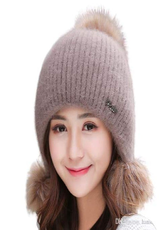 V3E Women's & Girl's Winter Warm Knitted Beanie Hat with Fur Pom Warm Knit Skull Cap Beanie (Coffee) - Image 1