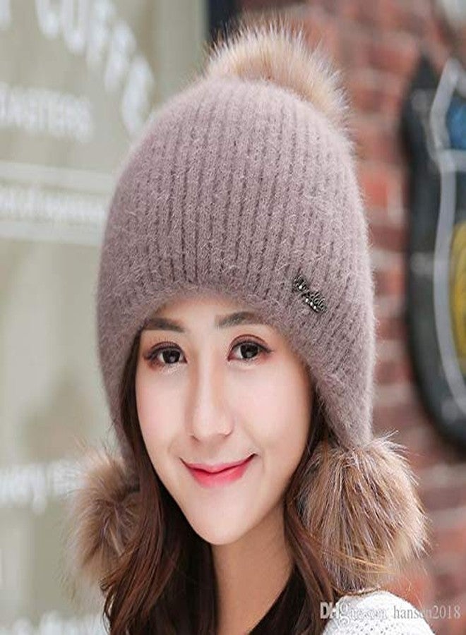 V3E Women's & Girl's Winter Warm Knitted Beanie Hat with Fur Pom Warm Knit Skull Cap Beanie (Coffee) - Image 2