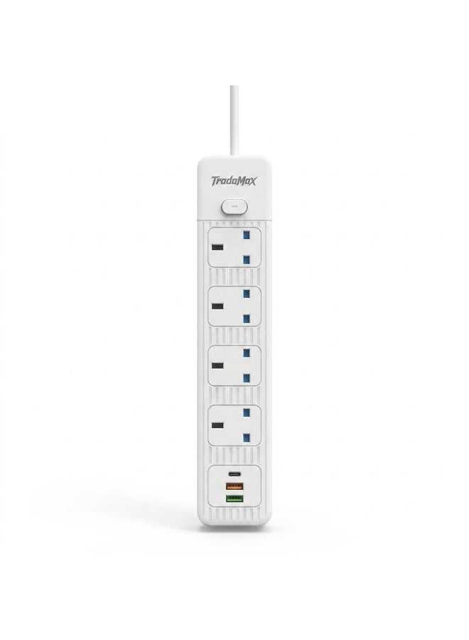 3-meter power strip - 2000W power strip with 4 AC outlets + 2 USB ports + PD Type-C port | 2.1A auto-charging | Static electricity protection | - White | Static electricity jumper and durable cord for safe and efficient charging