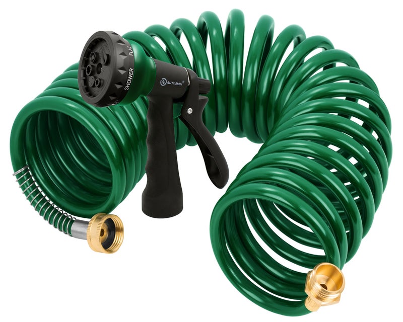 AUTOMAN Coil Garden Hose 25 ft, EVA Curly Water Hose with Brass Connectors, Recoil Garden Water Hose,Includes 7-Pattern Function Sprayer,Retractable,Corrosion Resistant Garden Coil Hose. - Image 1
