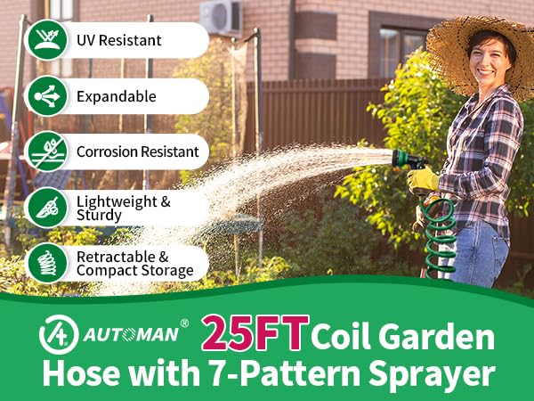 AUTOMAN Coil Garden Hose 25 ft, EVA Curly Water Hose with Brass Connectors, Recoil Garden Water Hose,Includes 7-Pattern Function Sprayer,Retractable,Corrosion Resistant Garden Coil Hose. - Image 2