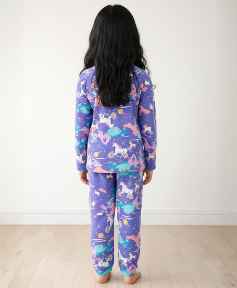 ANTHRILO Pajama T-Shirt Set for Girls | Kids Night Suit for Girls | Nightwear | 100% Cotton Pyjama Set Unicorn Planet Print Purple | Long Sleeve T-Shirt and Pajama | 8-9 Years - Image 3
