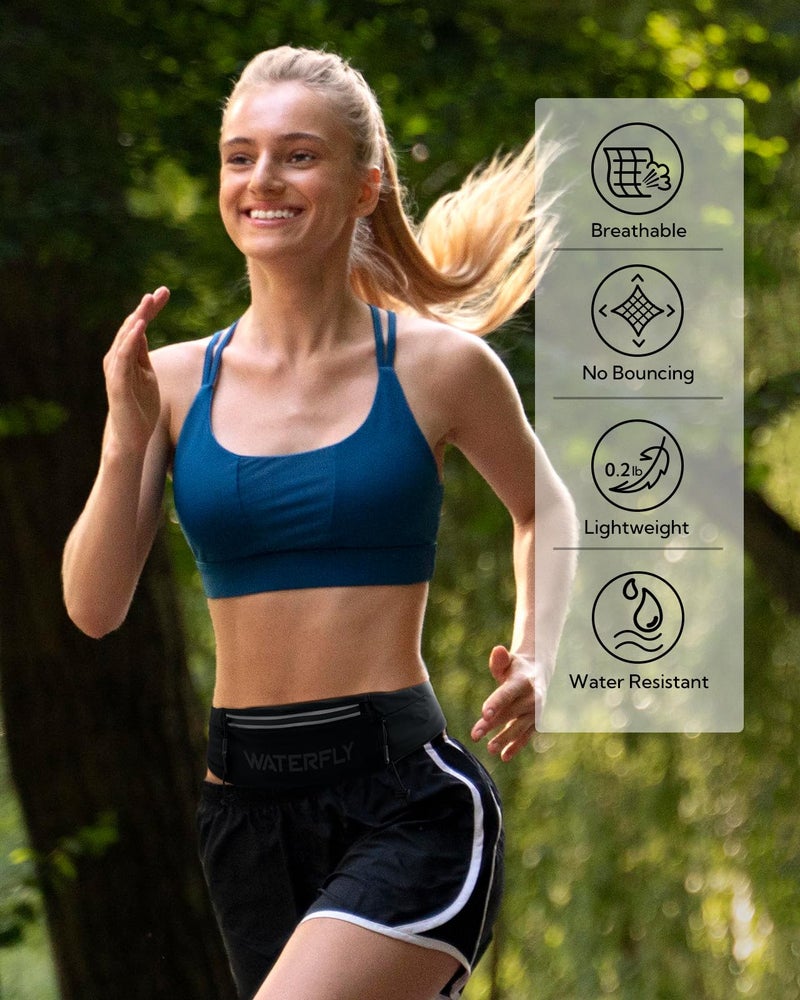 WATERFLY Running Belt Fanny Pack: Breathable 3 Pocket Waist Bag for Men Women Workout Exercise Fitness Phone Holder Fits All Phones - Runner Marathon Jogging Race Belt with Bib Clip Black - Image 2