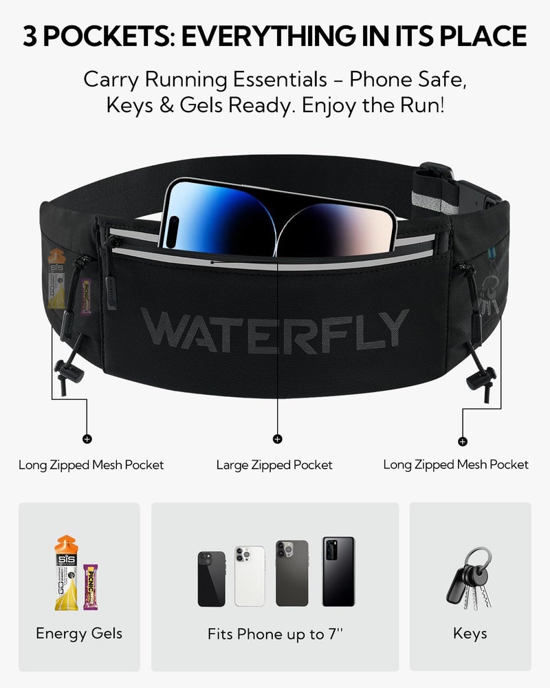 WATERFLY Running Belt Fanny Pack: Breathable 3 Pocket Waist Bag for Men Women Workout Exercise Fitness Phone Holder Fits All Phones - Runner Marathon Jogging Race Belt with Bib Clip Black - Image 4