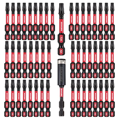 GEINXURN 50 Pieces T25 2 In. Impact Tough Magnetic #25 Torx Head Power Bits, S2 Alloy Steel T25 Screwdriver Bits Set with 1Pcs Impact Bit Holder - Image 1