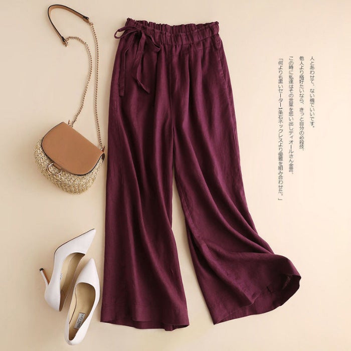 Summer Cotton Linen Cropped Pants Casual High Waist Slim Womens Trousers Jujube  - Image 1