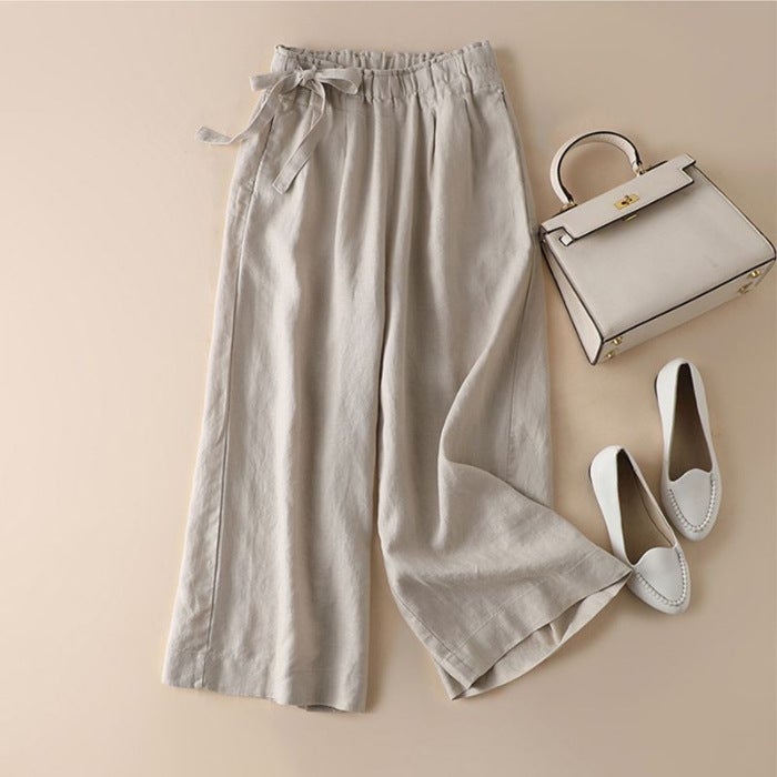 Summer Cotton Linen Cropped Pants Casual High Waist Slim Womens Trousers Jujube  - Image 2
