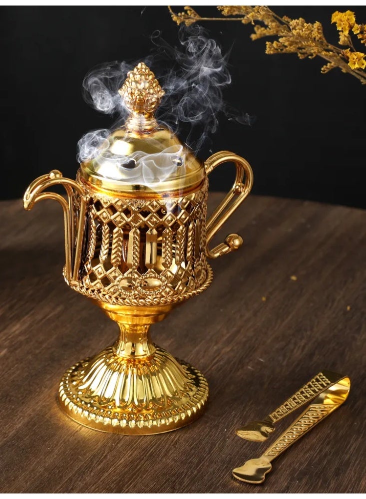 Gold Coffee Pot Shaped Incense Burner, Luxury Electroplated Bakhoor/Oud Censer with Tongs, Ramadan/Eid Home Decor & Festival Gift - Image 5