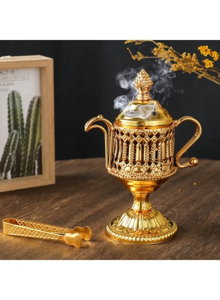 Gold Coffee Pot Shaped Incense Burner, Luxury Electroplated Bakhoor/Oud Censer with Tongs, Ramadan/Eid Home Decor & Festival Gift - Image 1