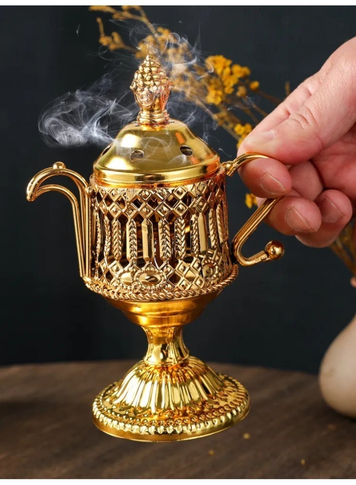 Gold Coffee Pot Shaped Incense Burner, Luxury Electroplated Bakhoor/Oud Censer with Tongs, Ramadan/Eid Home Decor & Festival Gift - Image 2