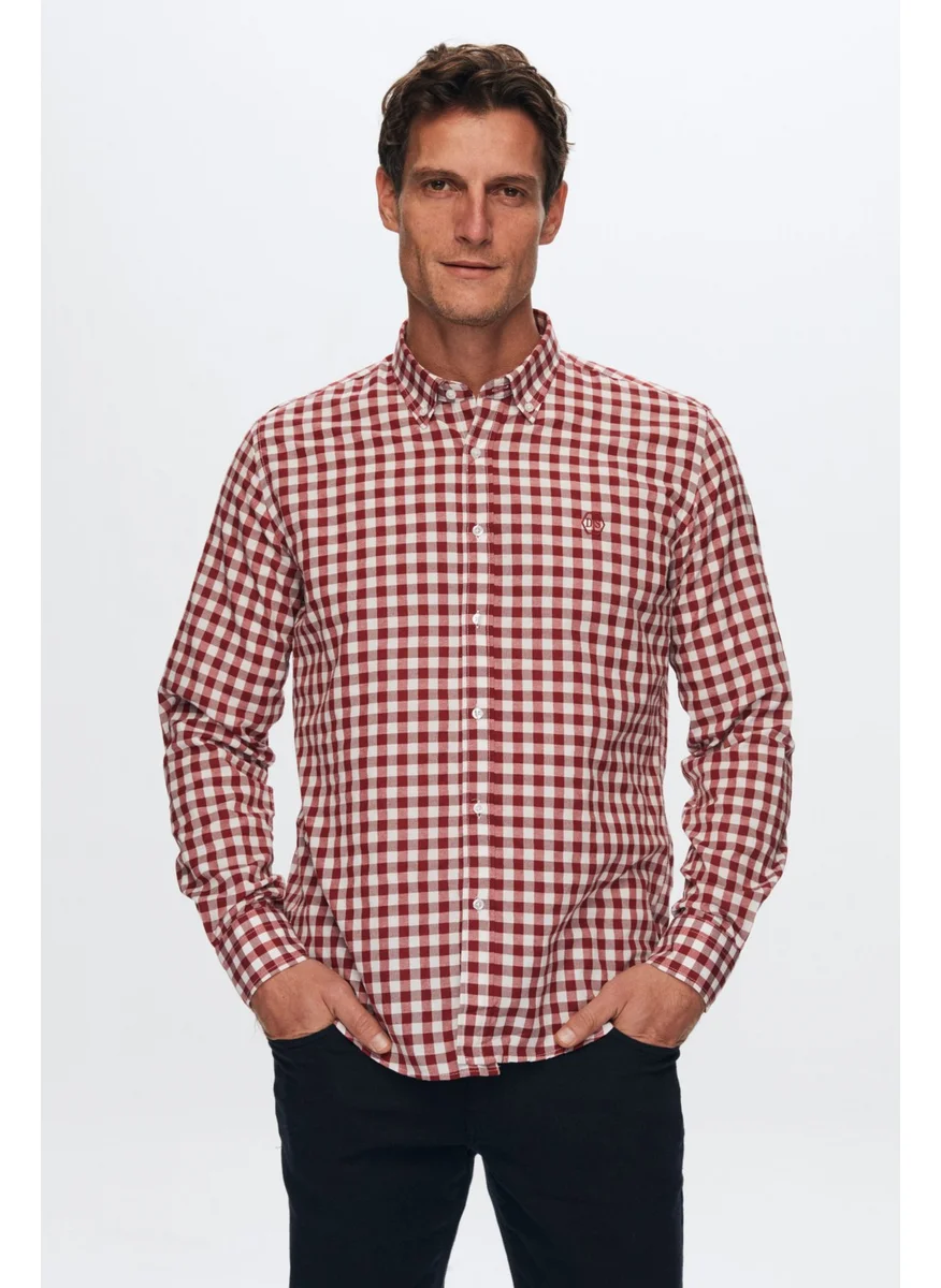 دي أس دامات Slim Fit Burgundy Plaid Checkered Shirt 7HC02ORT09265