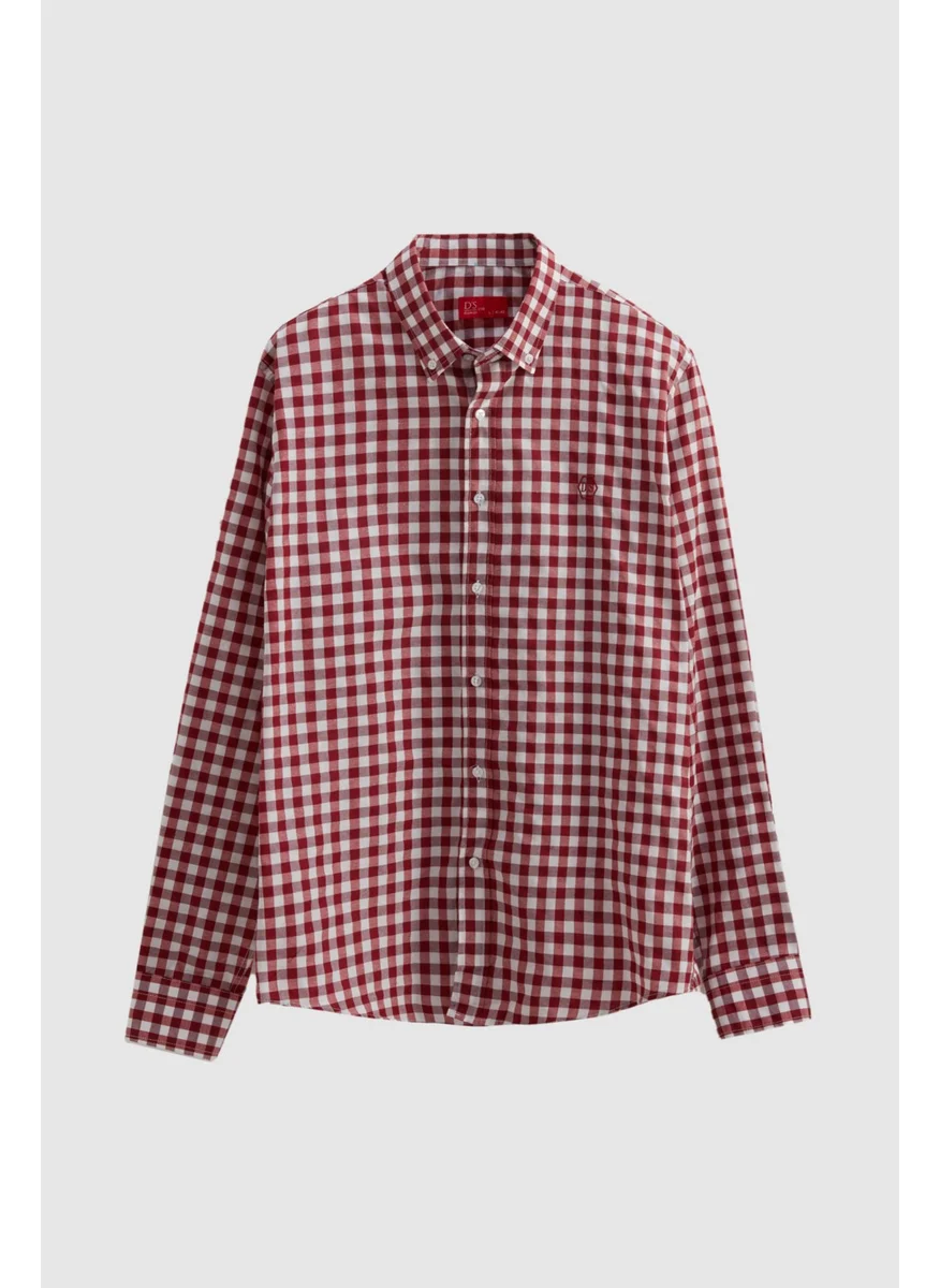 دي أس دامات Slim Fit Burgundy Plaid Checkered Shirt 7HC02ORT09265
