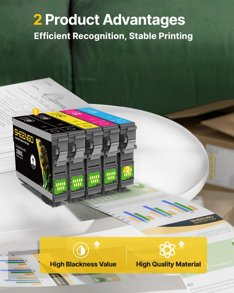 SHEENGO 288XL 288 Ink Cartridges Remanufactured for Epson 288XL 288 XL T288XL T288 Ink High Yield use for Expression Home XP-330 XP-340 XP-440 XP-430 XP-434 Printer (2 Black 1 Cyan 1 Magenta 1 Yellow, 5 Pack) - Image 4