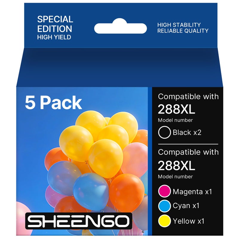SHEENGO 288XL 288 Ink Cartridges Remanufactured for Epson 288XL 288 XL T288XL T288 Ink High Yield use for Expression Home XP-330 XP-340 XP-440 XP-430 XP-434 Printer (2 Black 1 Cyan 1 Magenta 1 Yellow, 5 Pack) - Image 1