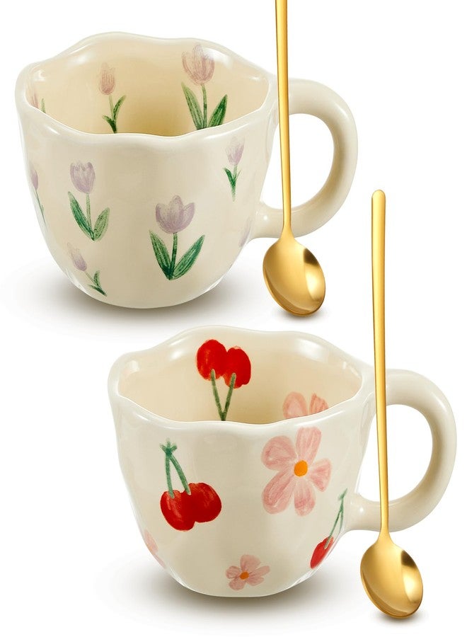 Vesici 2 Pcs Ceramic Coffee Mugs Flower Cups with Spoon Vintage Floral Mugs with Handle 8.5 oz Aesthetic Tea Porcelain Cup Gift for Valentine Office Home, Dishwasher and Microwave Safe(Charming) - Image 1