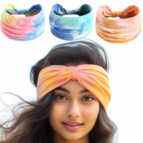XFYT Pack of 3 Tie-Dye Super Soft Hair Bands | Stretch Stylish Chic Fashionable high absorbtion Headbands Set for Women Girls Yoga Sports Gym Workouts Exercise Tennis (Belle, Pack of 3) - Image 1