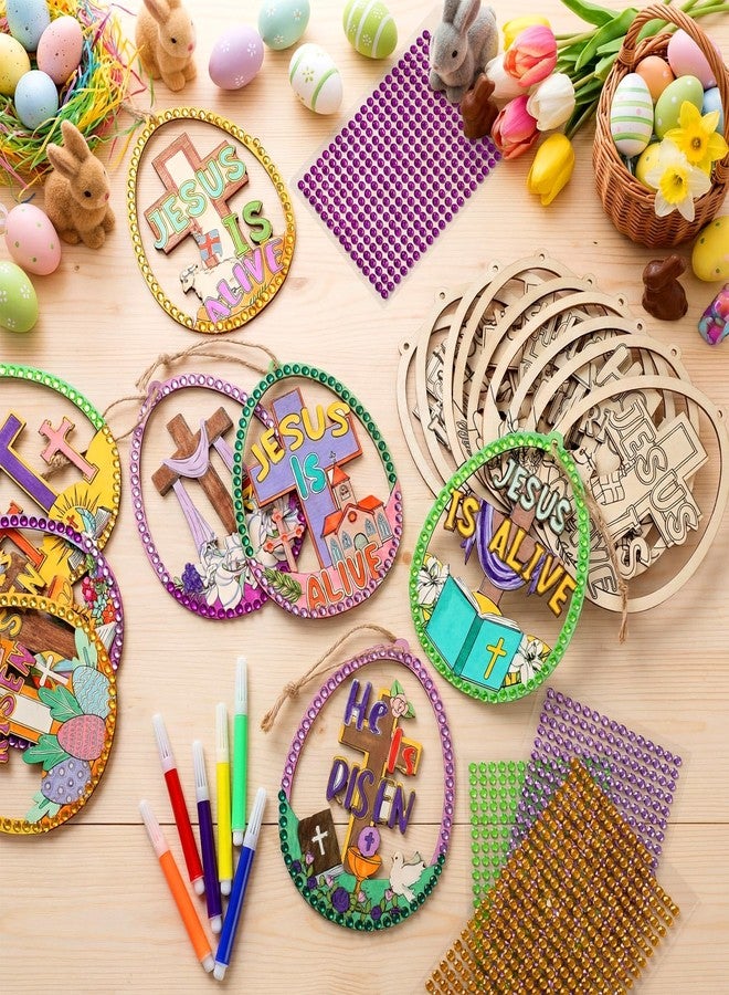Wovnet 48 Pcs Easter Wooden Ornament Craft Jesus is Risen DIY Wooden Eggs Craft Kit Make Your Own Christian Religious Easter Egg Ornaments with Gem Sticker for Party Decoration Supplies - Image 2