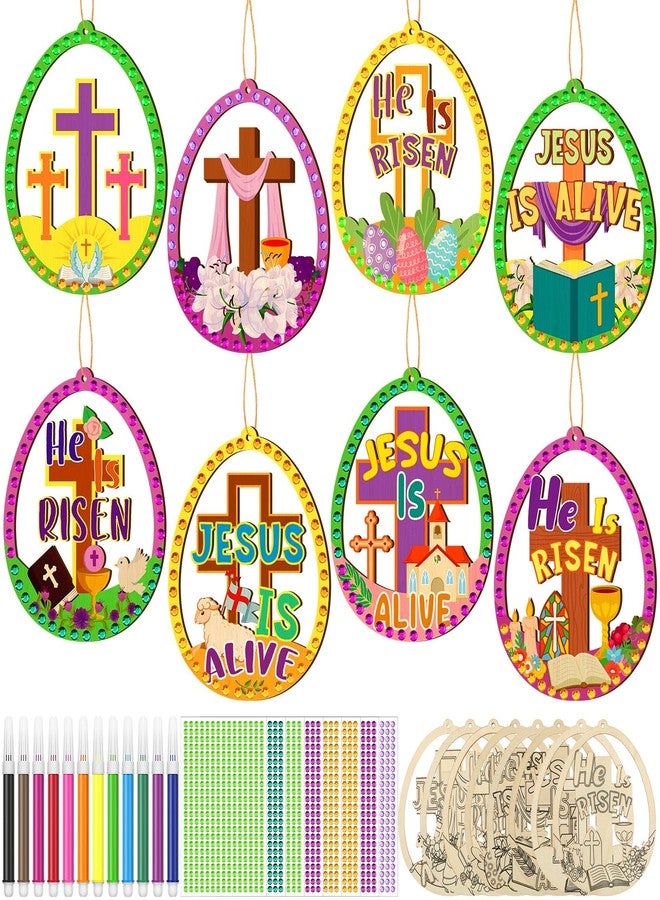 Wovnet 48 Pcs Easter Wooden Ornament Craft Jesus is Risen DIY Wooden Eggs Craft Kit Make Your Own Christian Religious Easter Egg Ornaments with Gem Sticker for Party Decoration Supplies - Image 1